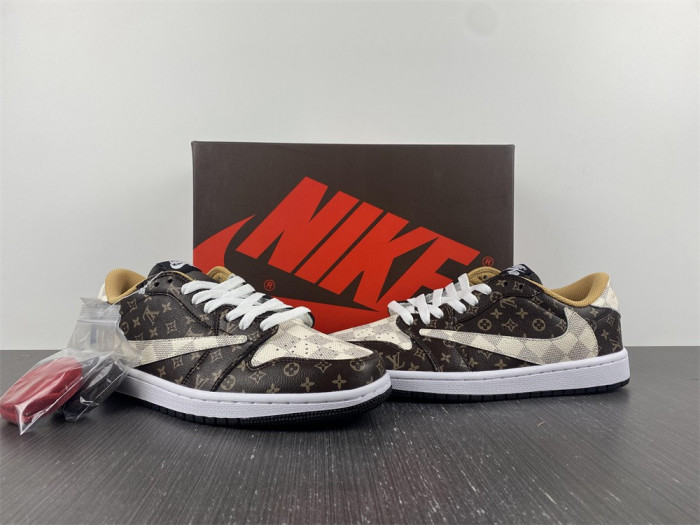 travis scott x nike air jordan 1 low og lv monogram brown damier dm7866-216